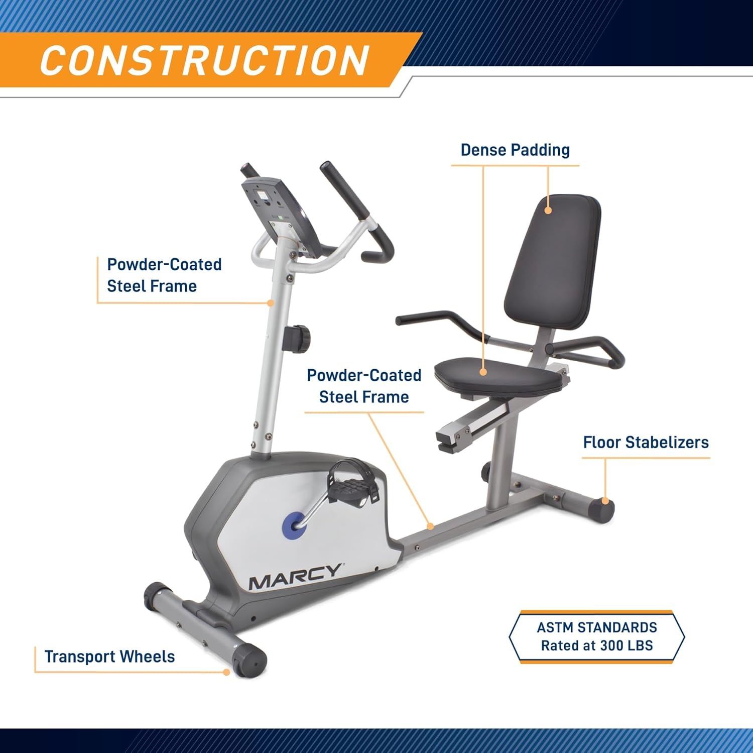 Marcy Recumbent Exercise Bike with Adjustable Seat and 8 Resistance Levels, 300 Pound Capacity NS-1201R(Grey)