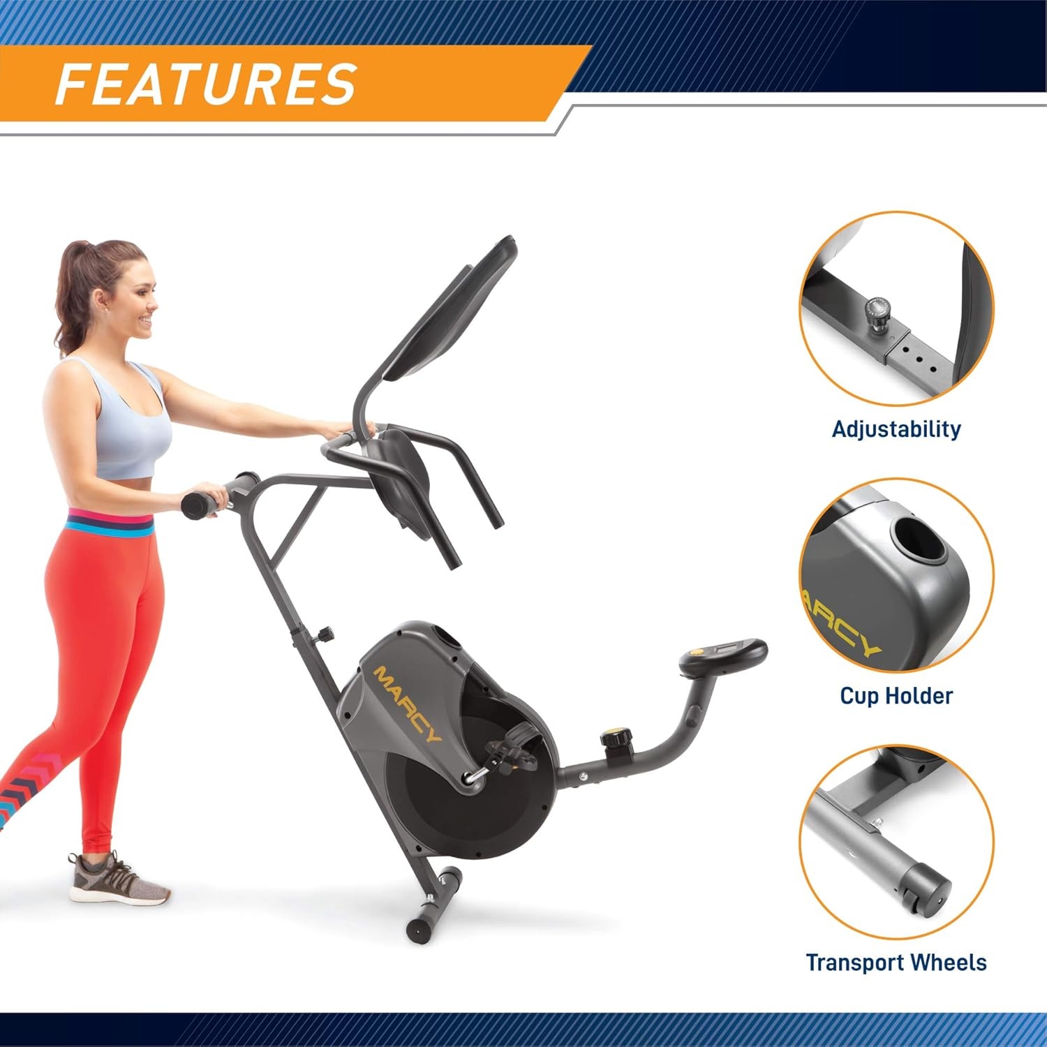 Marcy Magnetic Recumbent Bike with Adjustable Resistance and Transport Wheels NS-716R(Black/Grey)