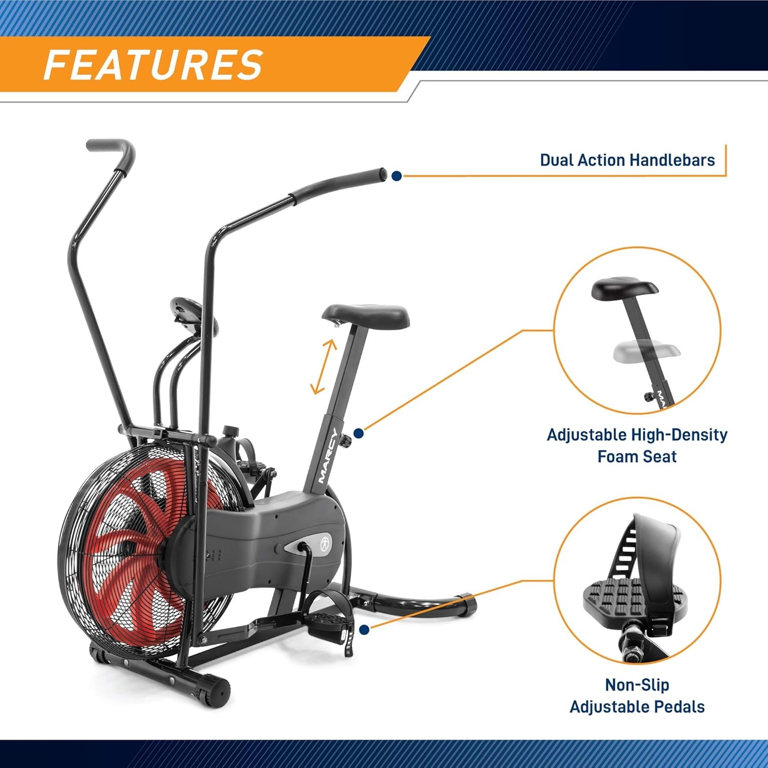 Marcy Air-Resistance Exercise Fan Bike With Dual Acction Handlebars(Dual Action Red | NS-1000)