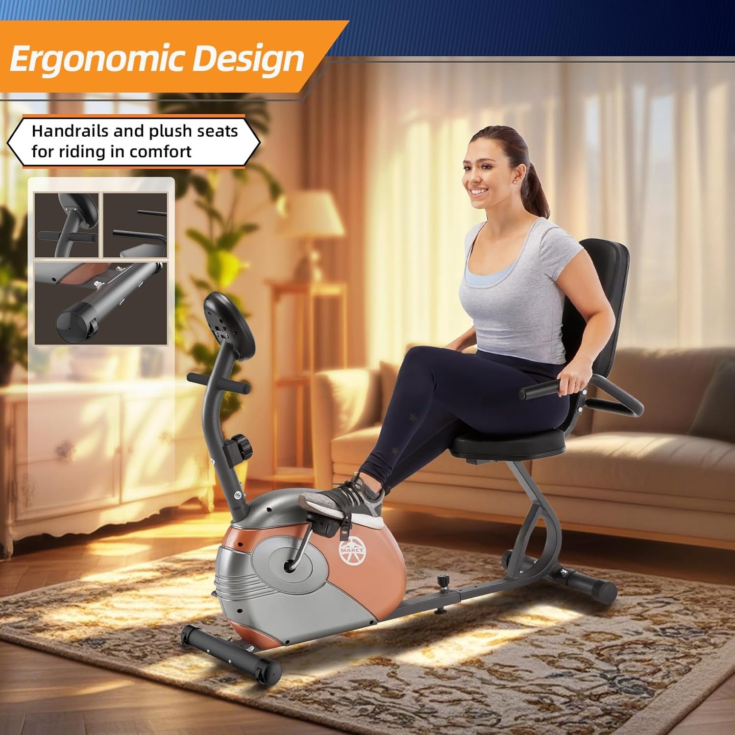 Marcy Home Fitness Personal Exercise Bike with Adjustable Magnetic Resistance for Cardio Workout and Cycle Training(Copper – Recumbent)