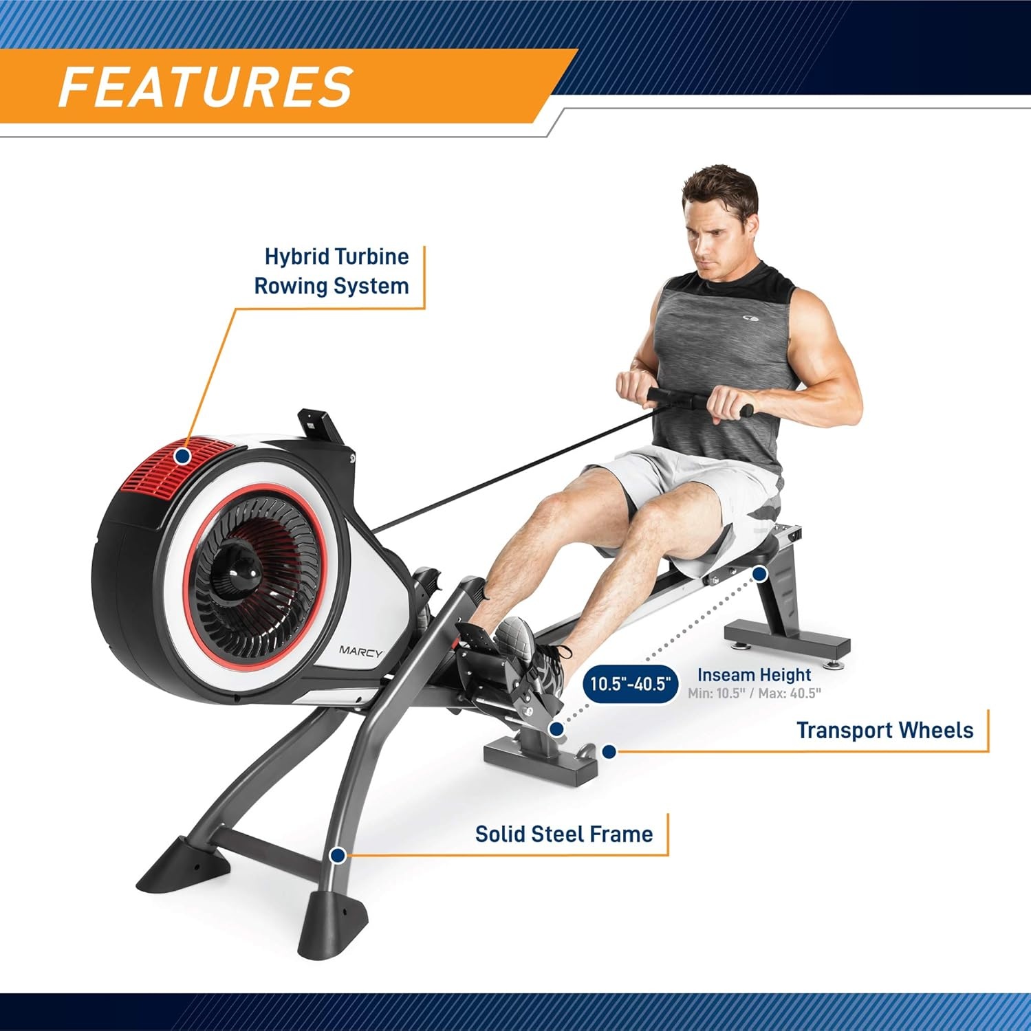 Marcy Air Resistance Rowing Machine with Transport Wheels(8 Levels – Black/Red)