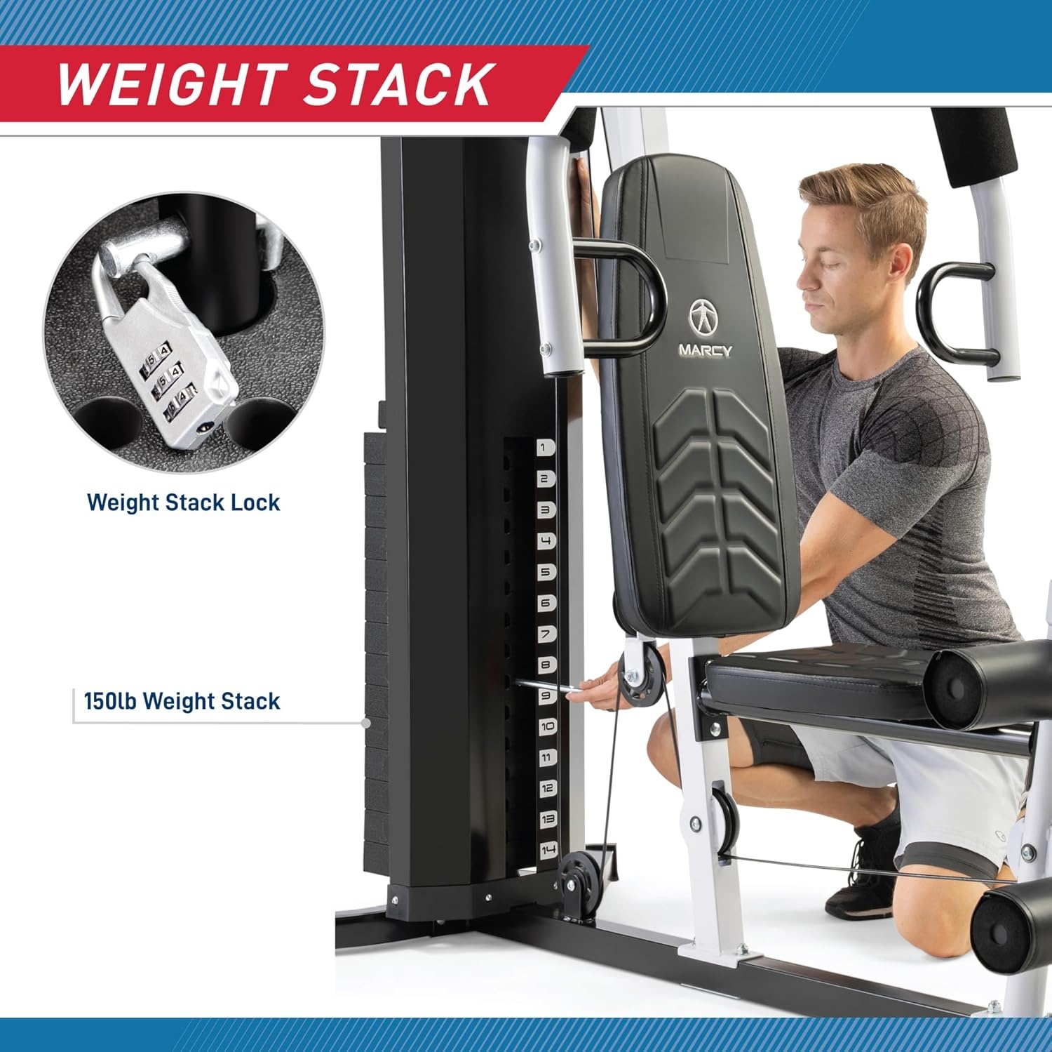 Marcy 150lb. Stack Home Gym with Pulley, Arm, and Leg Developer Multifunctional Workout Station for Weightlifting and Bodybuilding(MWM-8147)