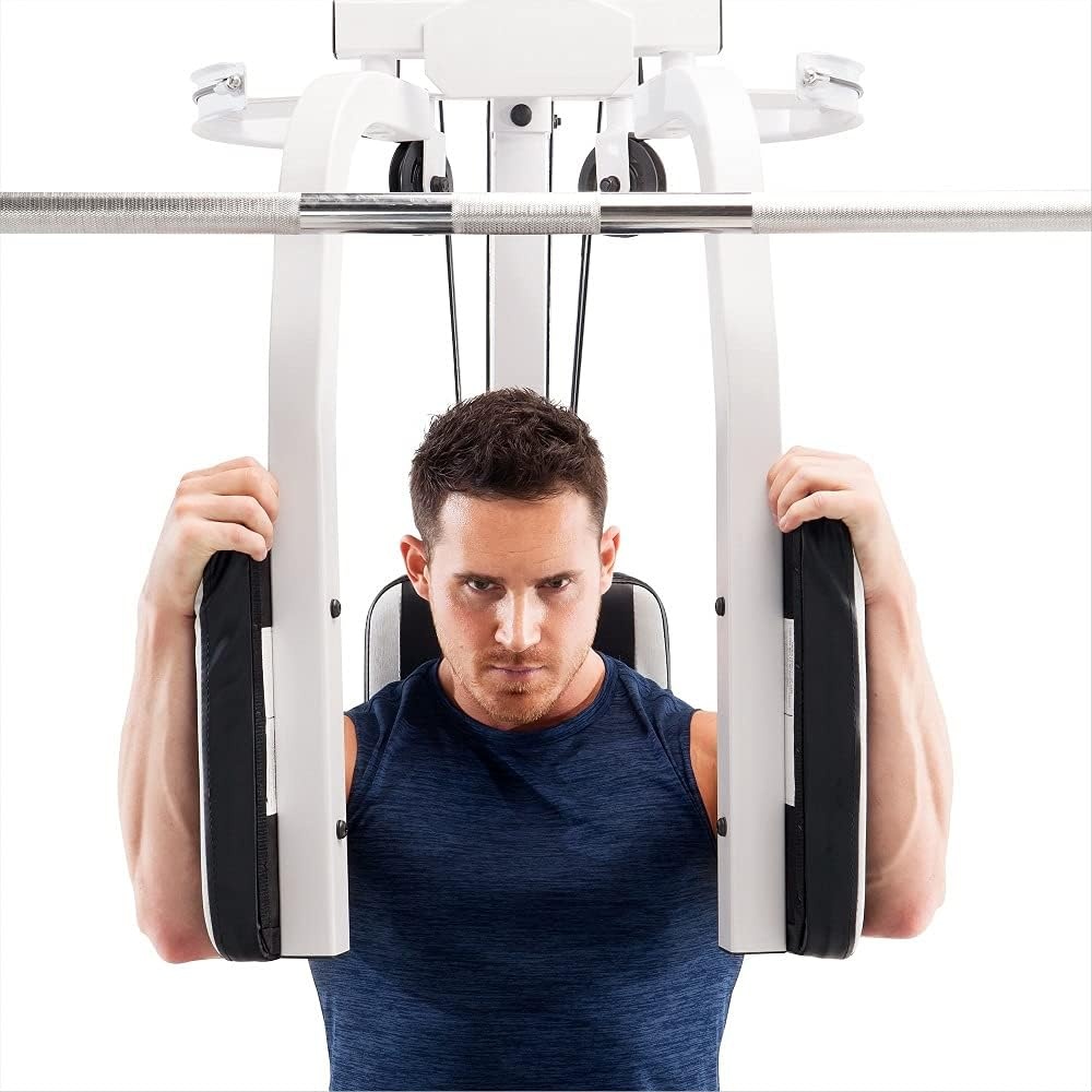 Marcy Smith Cage Workout Machine Full Body StrengthTraining Home Gym Equipment System with Leg Developer, Press Bar, PEC Deck, and Squat Rack(Black/White)