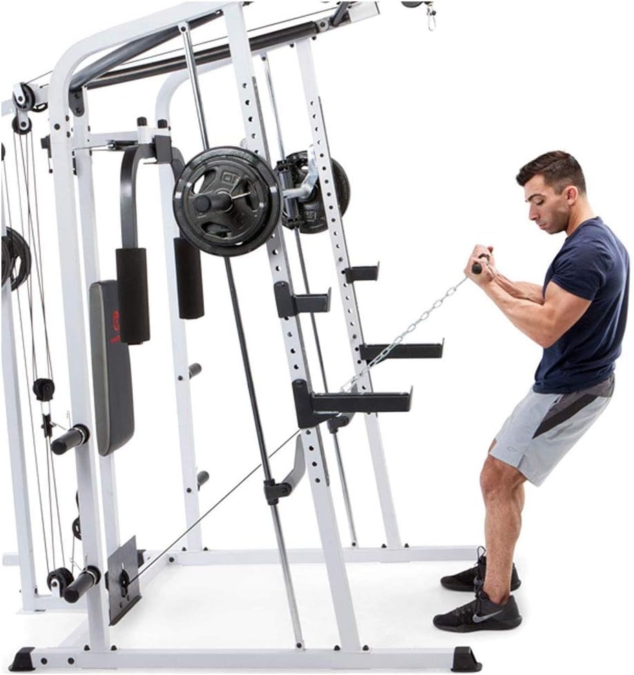 Marcy Smith Cage Workout Machine Full Body StrengthTraining Home Gym Equipment System with Leg Developer, Press Bar, PEC Deck, and Squat Rack(Black/White)