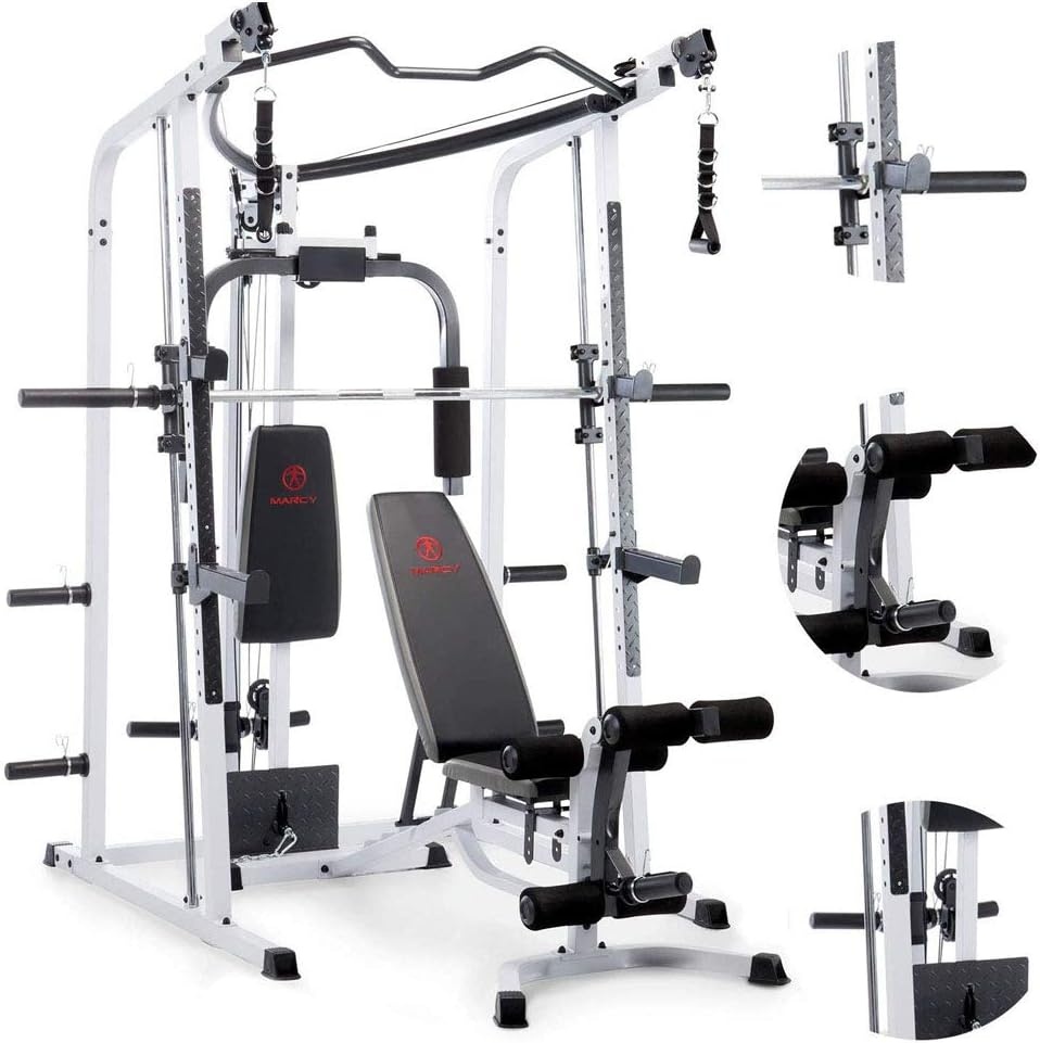 Marcy Smith Cage Workout Machine Full Body StrengthTraining Home Gym Equipment System with Leg Developer, Press Bar, PEC Deck, and Squat Rack(Black/White)