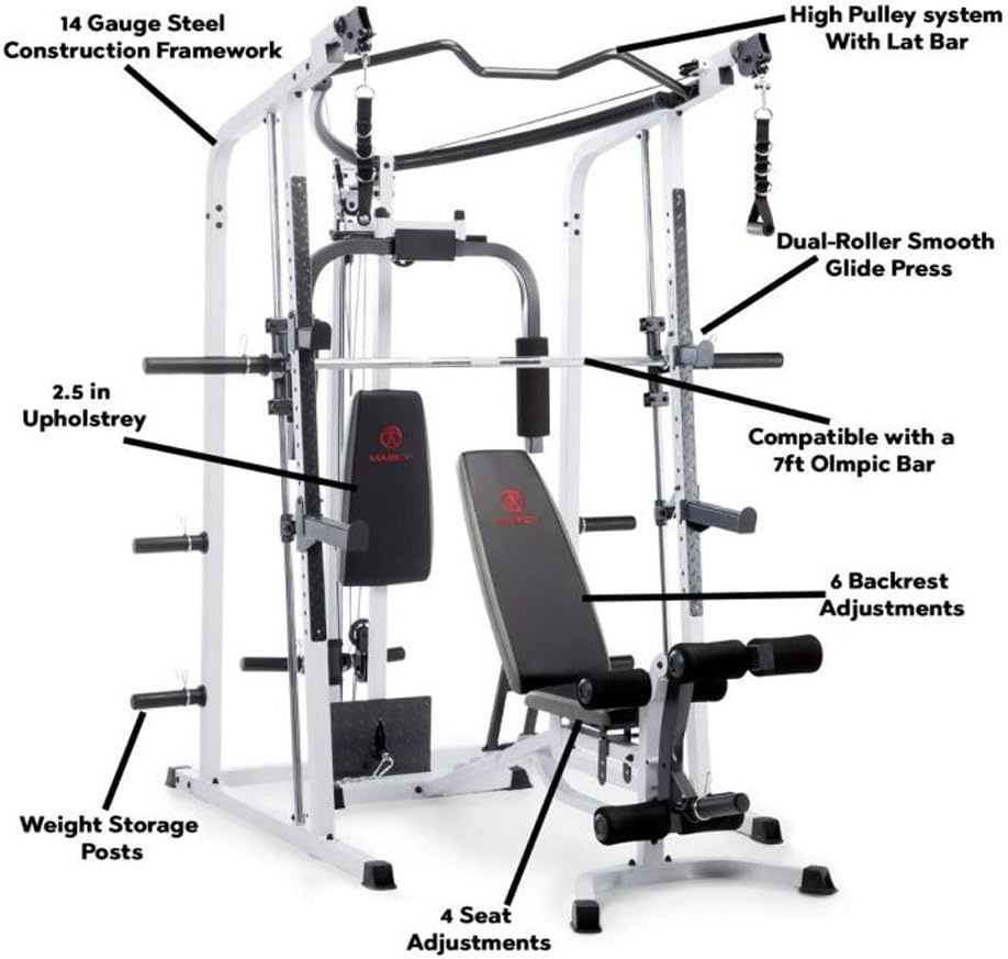 Marcy Smith Cage Workout Machine Full Body StrengthTraining Home Gym Equipment System with Leg Developer, Press Bar, PEC Deck, and Squat Rack(Black/White)