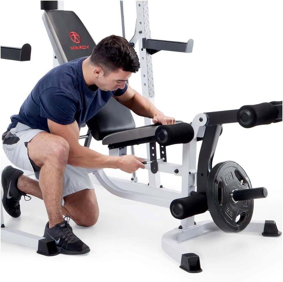 Marcy Smith Cage Workout Machine Full Body StrengthTraining Home Gym Equipment System with Leg Developer, Press Bar, PEC Deck, and Squat Rack(Black/White)