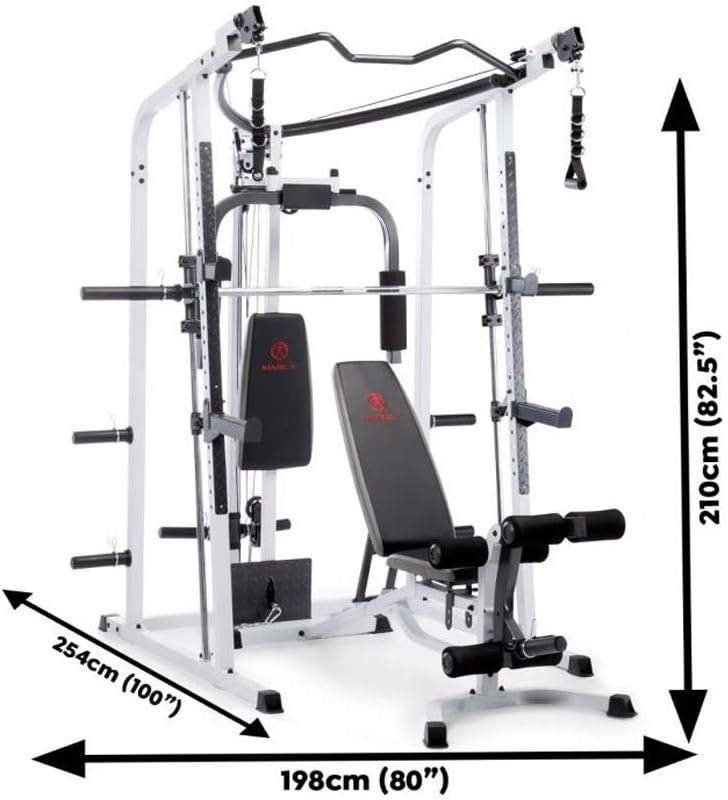 Marcy Smith Cage Workout Machine Full Body StrengthTraining Home Gym Equipment System with Leg Developer, Press Bar, PEC Deck, and Squat Rack(Black/White)