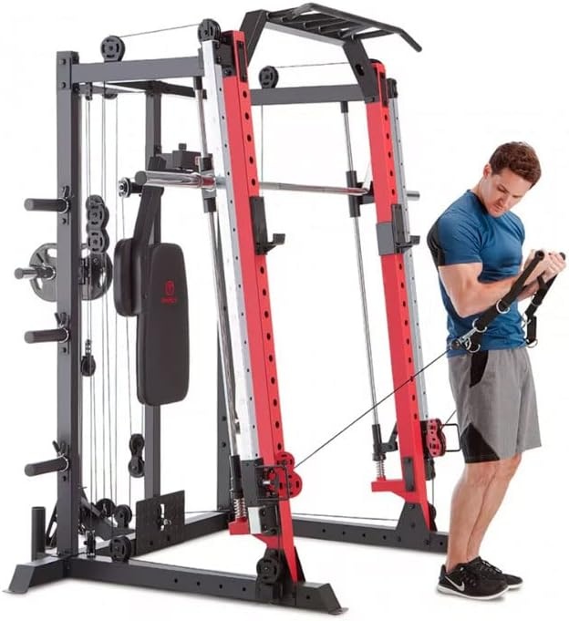Marcy Smith Machine Cage System Home Gym Multifunction Rack, Customizable Training Station(Red)