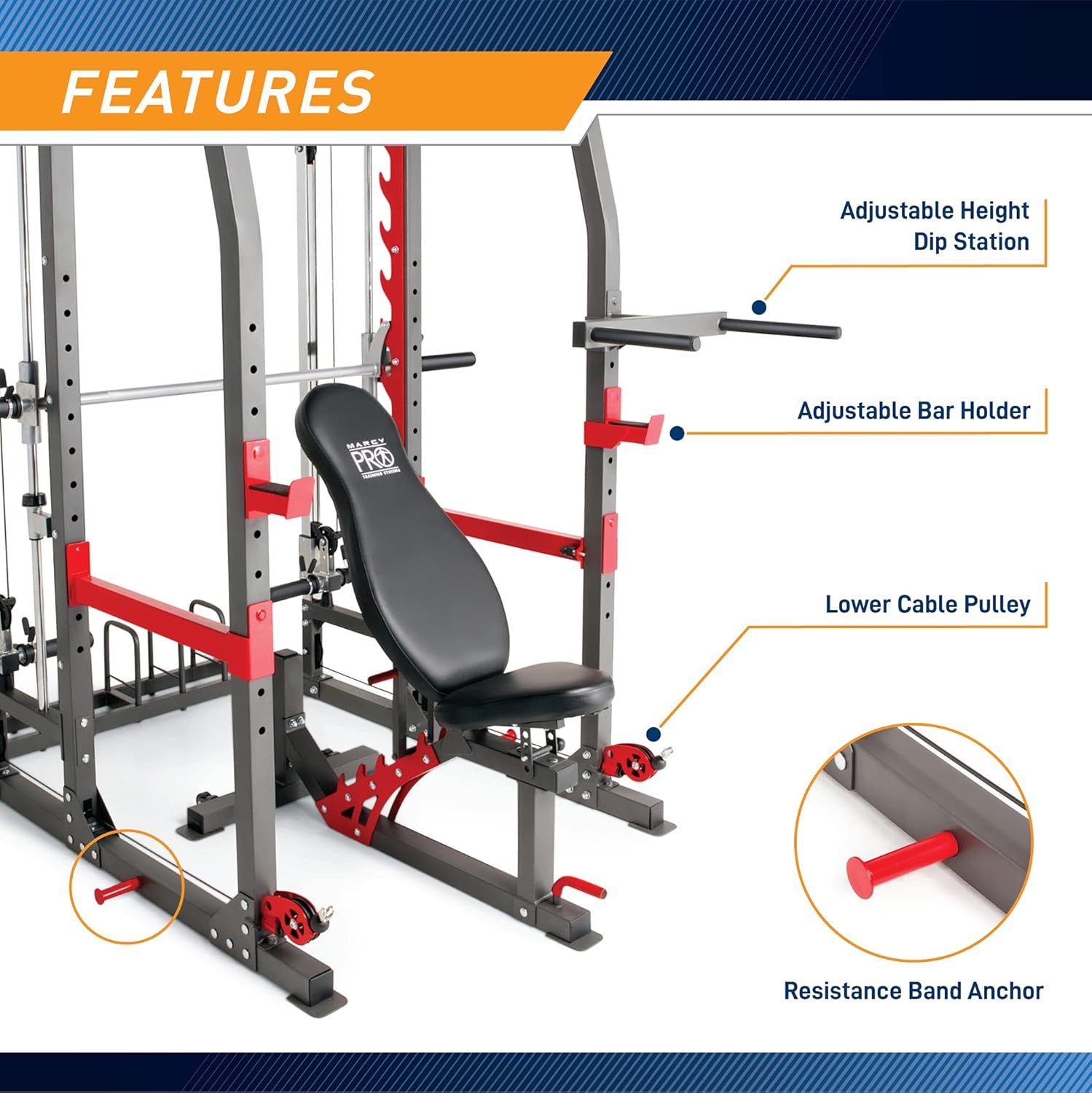 Marcy Smith Machine Home Gym System SM-4903, All-in-One Strength Training Cage with Weight Bench, Pulley, Squat Rack & Workout Station(Grey)
