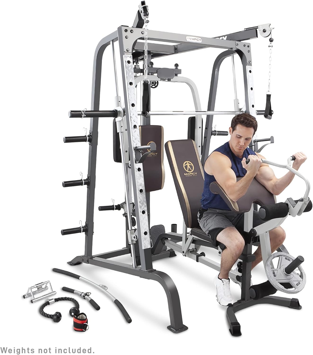 Marcy Smith Cage Workout Machine Full Body StrengthTraining Home Gym Equipment System with Leg Developer, Press Bar, PEC Deck, and Squat Rack(Brown/Silver)