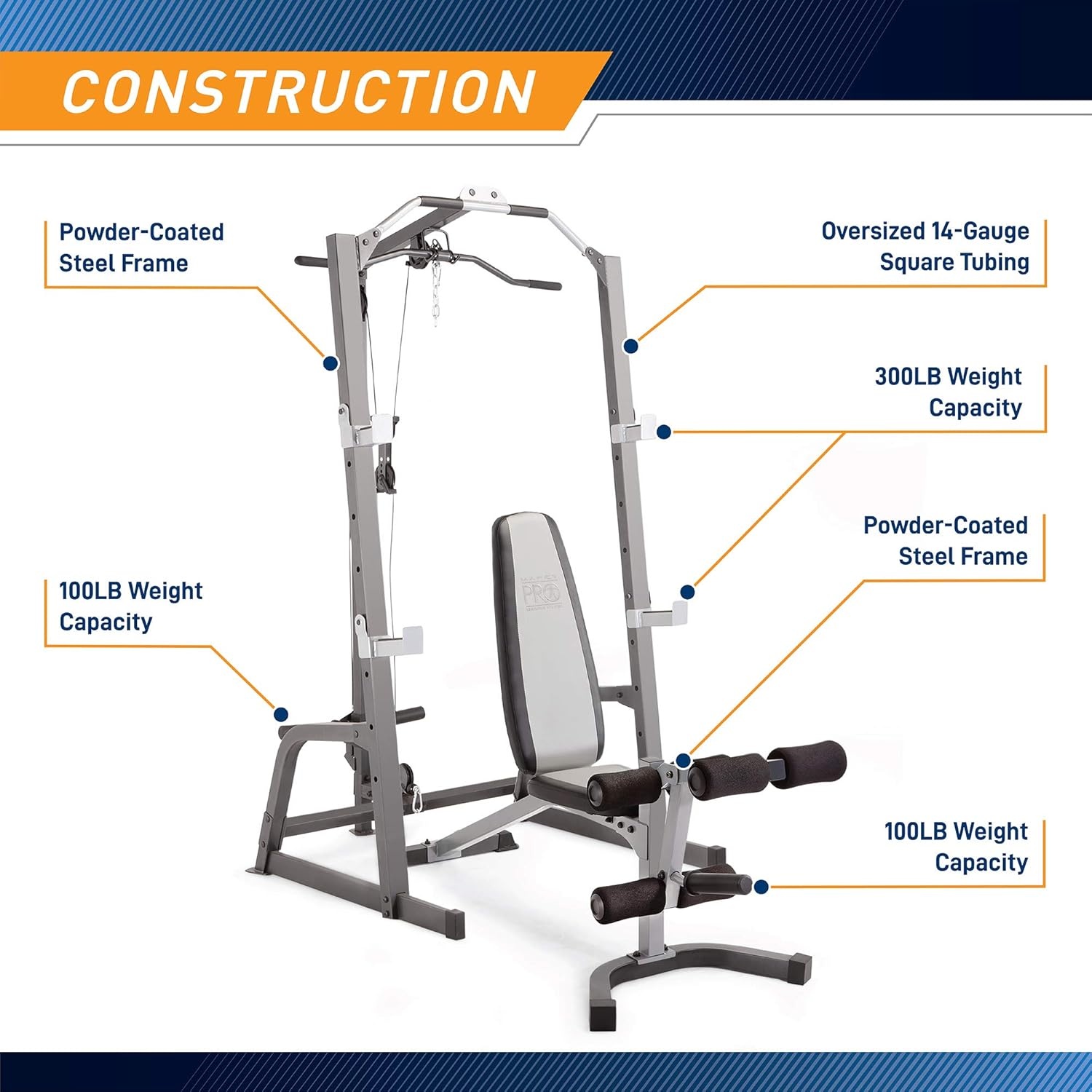 Marcy Pro Deluxe Cage System with Weightlifting Bench All-in-One Home Gym Equipment PM-5108(Black/Silver)