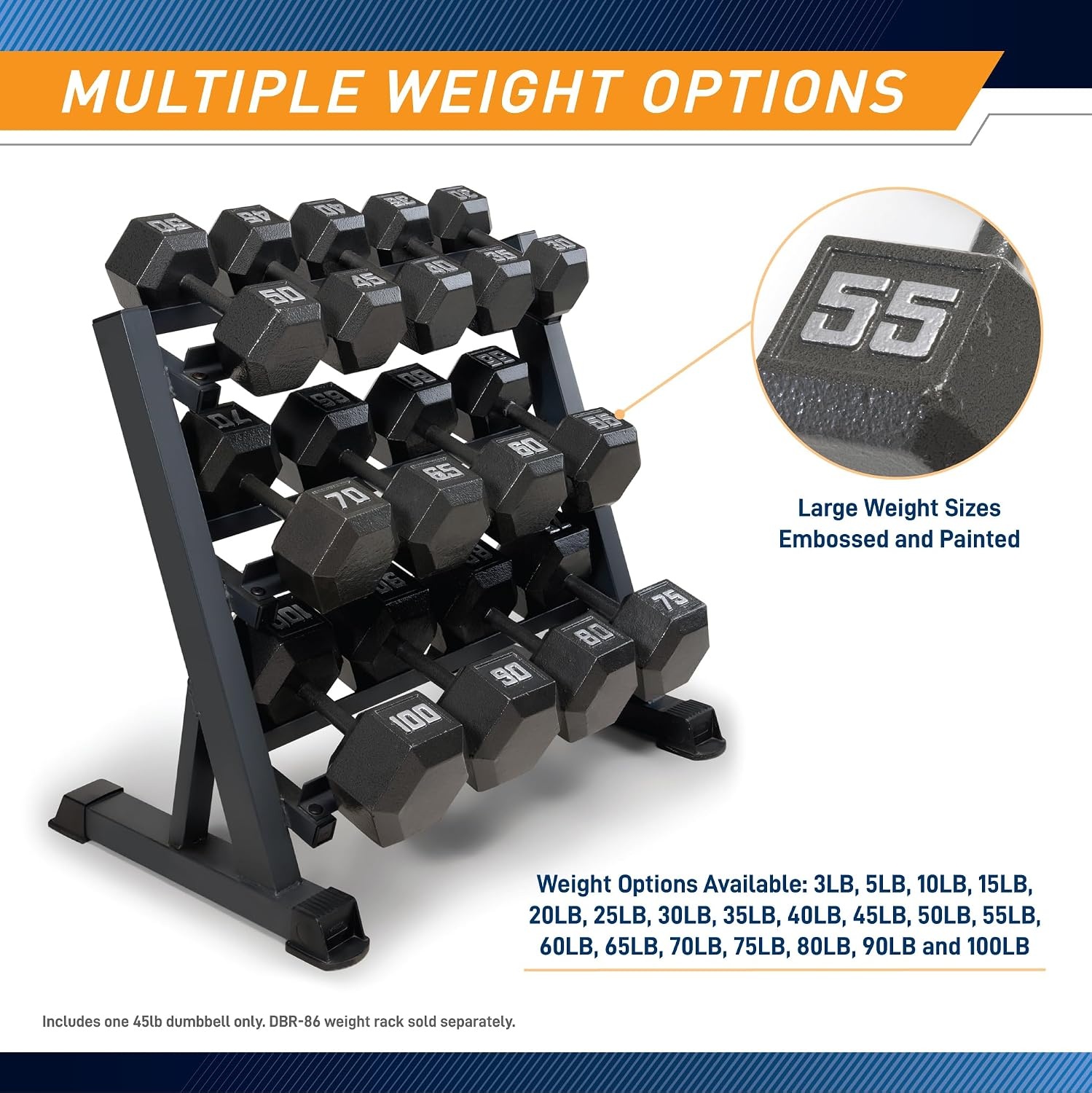 Marcy Cast Iron Hex Dumbbells Collection – Available size from 3-lb to 100-lb, SOLD INDIVIDUALLY(45lbs)