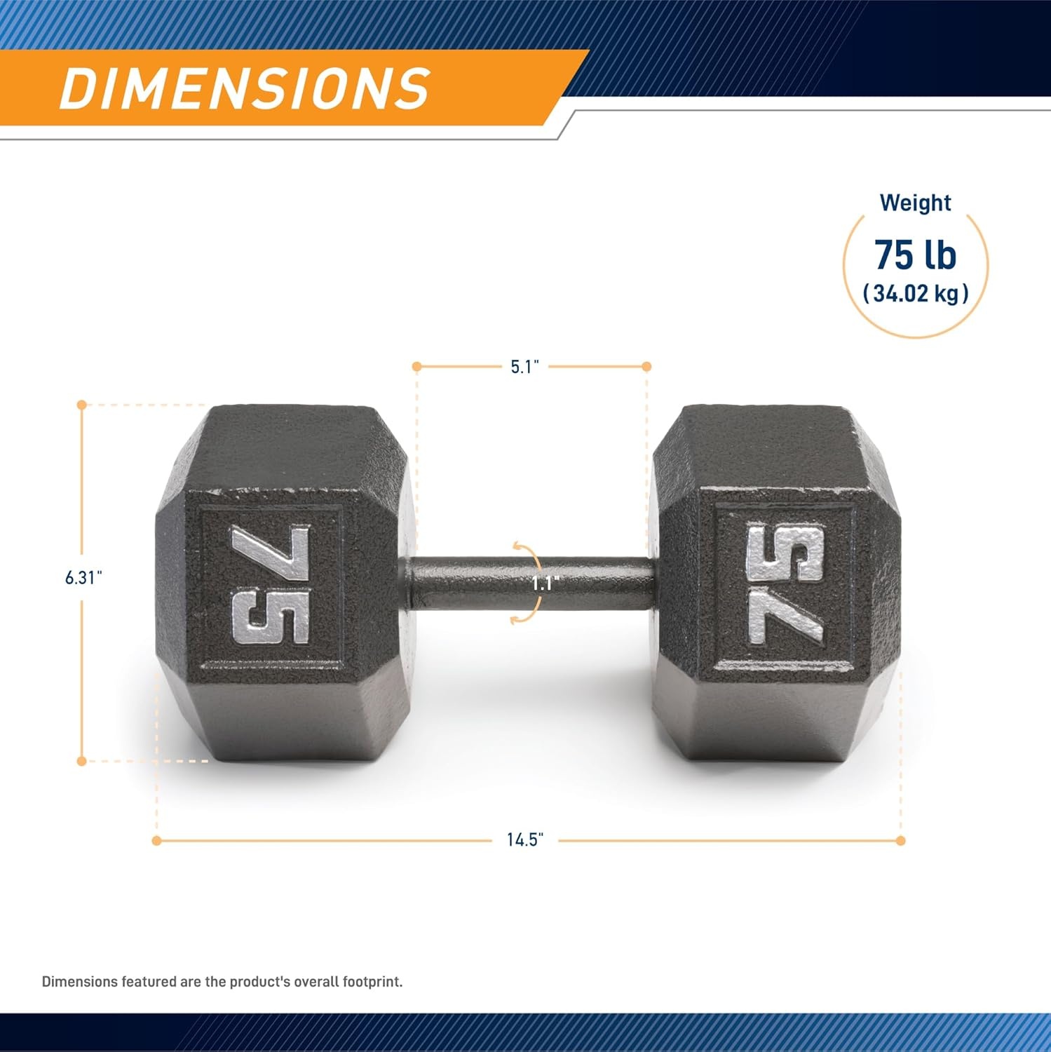 Marcy Cast Iron Hex Dumbbells Collection – Available size from 3-lb to 100-lb, SOLD INDIVIDUALLY(75lbs)