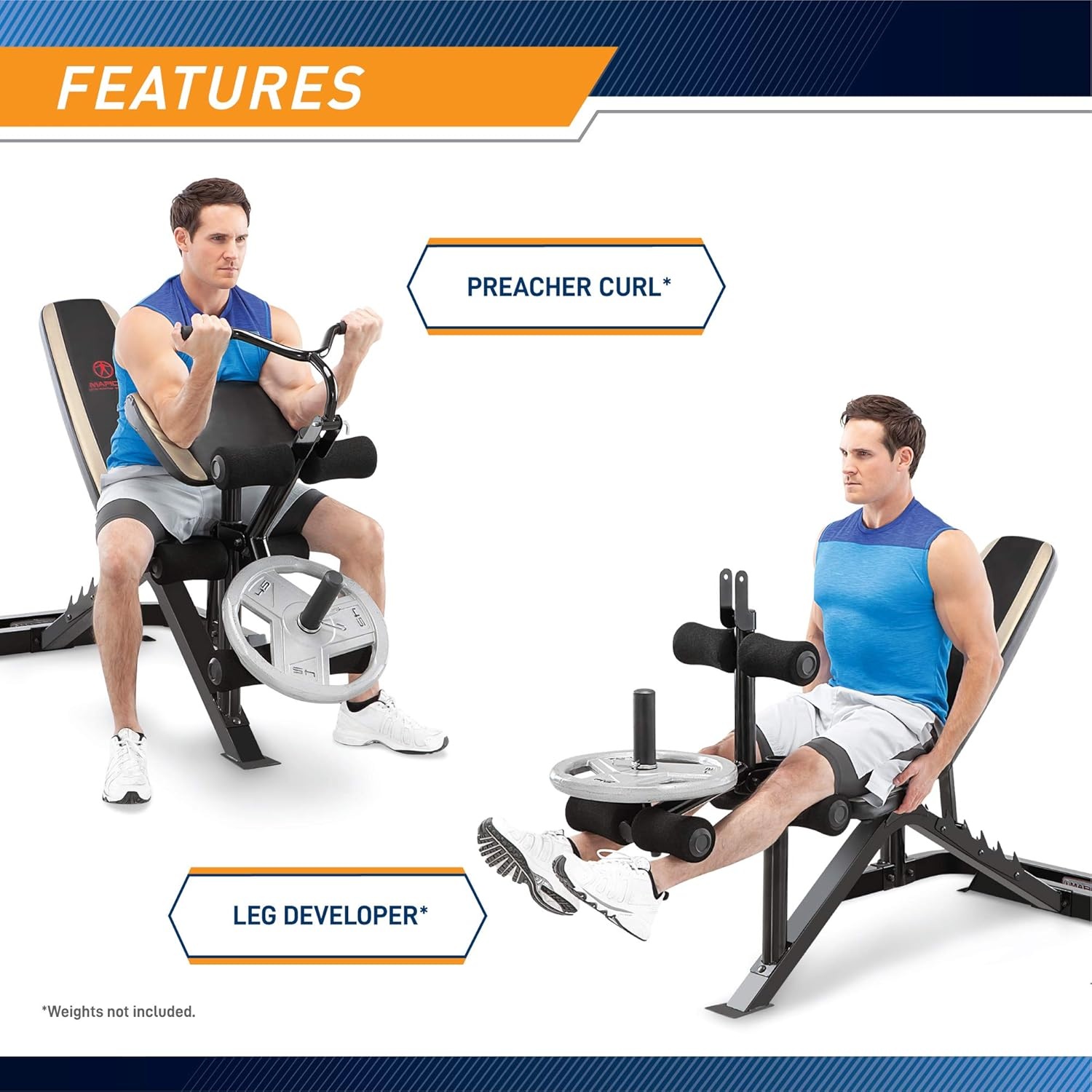 Marcy Olympic Workout Bench for Home Gym Strength Training Equipment with Preacher Curl Pad and Weight Rack Storage, White/Black(Two-piece)