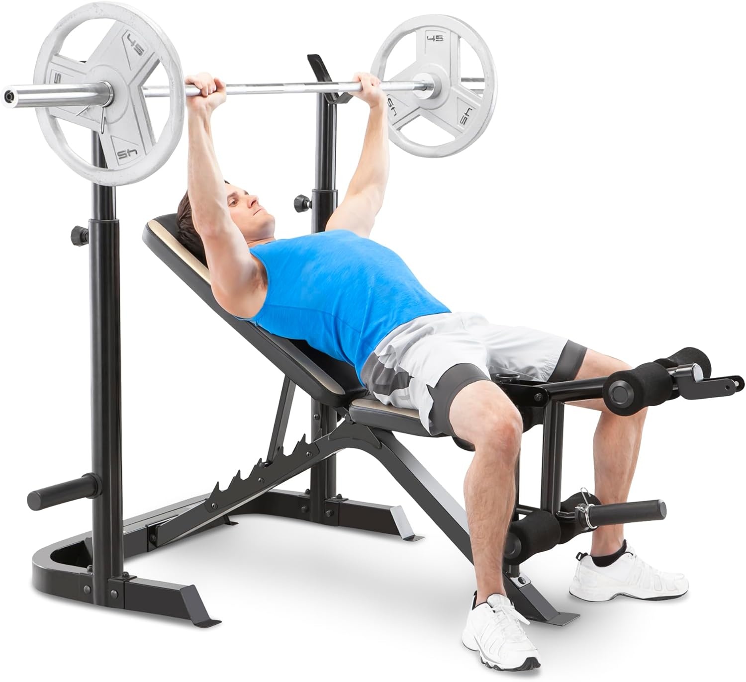 Marcy Olympic Workout Bench for Home Gym Strength Training Equipment with Preacher Curl Pad and Weight Rack Storage, White/Black(Two-piece)