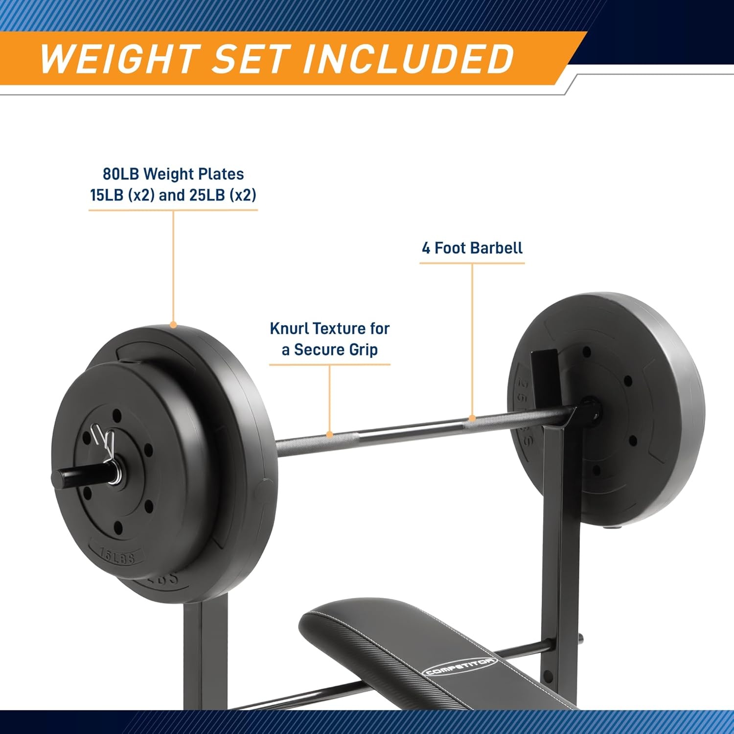 Marcy Standard Weight Bench with 80lbs to 100 lbs Vinyl-Coated Weight Set for Strength Training, Weight Lifting for Personal Home Gym(Black – 80 lbs)