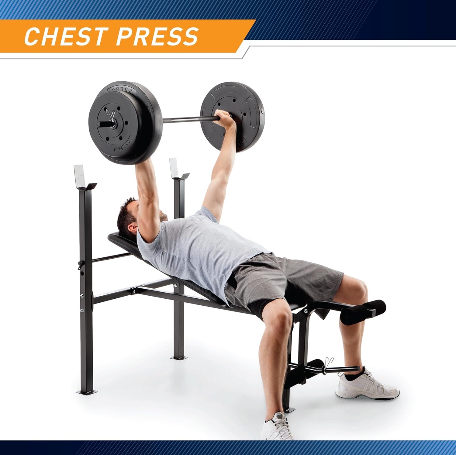 Marcy Standard Weight Bench with 80lbs to 100 lbs Vinyl-Coated Weight Set for Strength Training, Weight Lifting for Personal Home Gym(Black – 80 lbs)