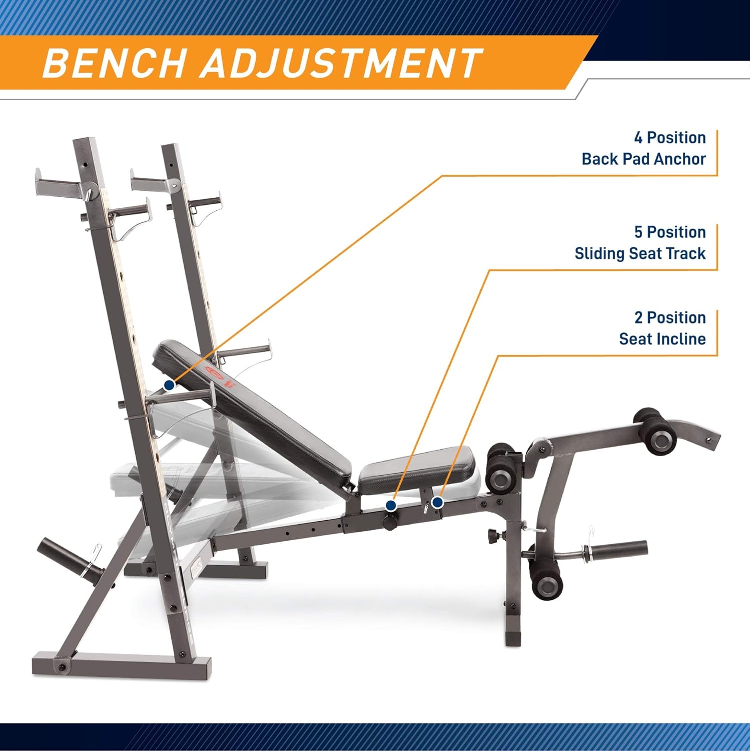 Marcy Olympic Workout Bench for Home Gym Strength Training Equipment with Preacher Curl Pad and Weight Rack Storage, White/Black(Standard)