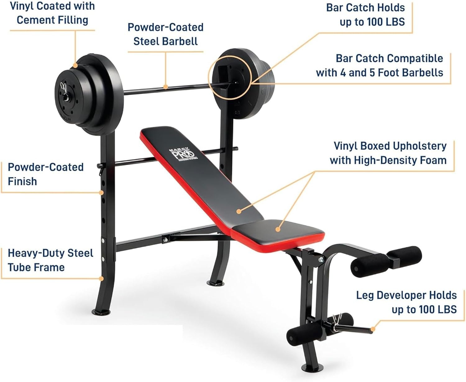 Marcy Standard Weight Bench with 80lbs to 100 lbs Vinyl-Coated Weight Set for Strength Training, Weight Lifting for Personal Home Gym(Black/Red – 100 lbs)