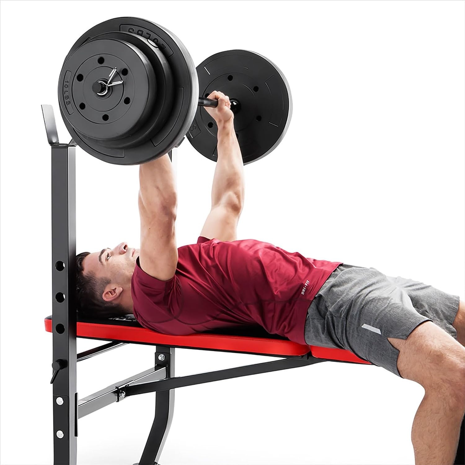 Marcy Standard Weight Bench with 80lbs to 100 lbs Vinyl-Coated Weight Set for Strength Training, Weight Lifting for Personal Home Gym(Black/Red – 100 lbs)