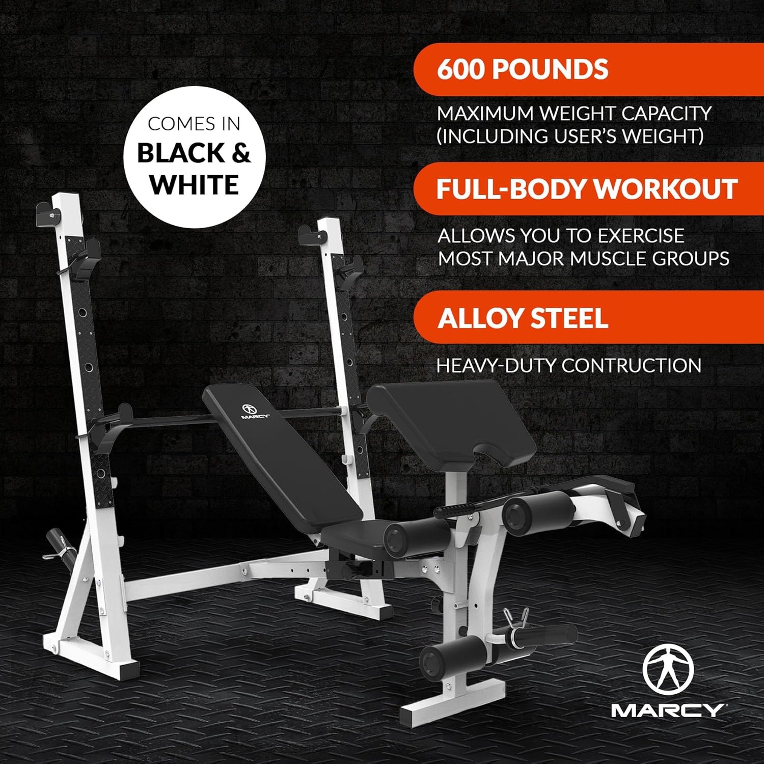 Marcy Olympic Workout Bench for Home Gym Strength Training Equipment with Preacher Curl Pad and Weight Rack Storage, White/Black(Standard B/W)