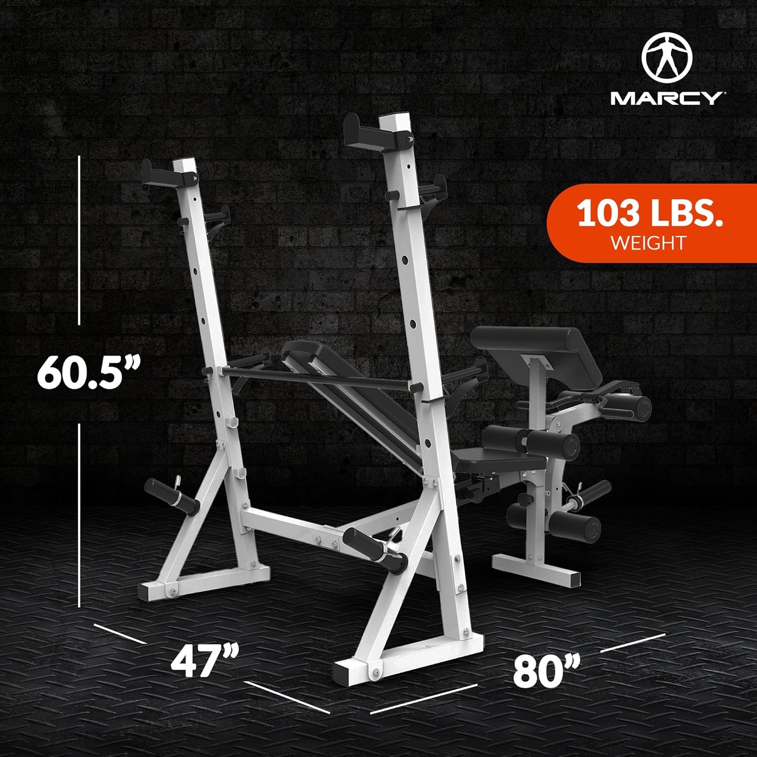 Marcy Olympic Workout Bench for Home Gym Strength Training Equipment with Preacher Curl Pad and Weight Rack Storage, White/Black(Standard B/W)