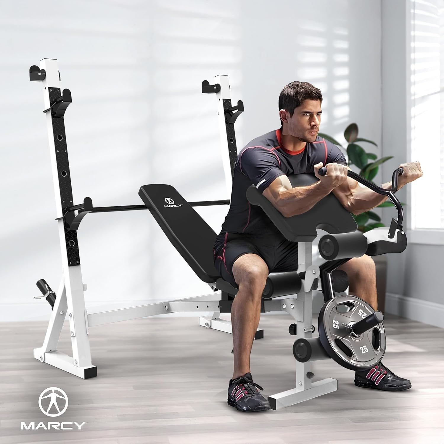 Marcy Olympic Workout Bench for Home Gym Strength Training Equipment with Preacher Curl Pad and Weight Rack Storage, White/Black(Standard B/W)