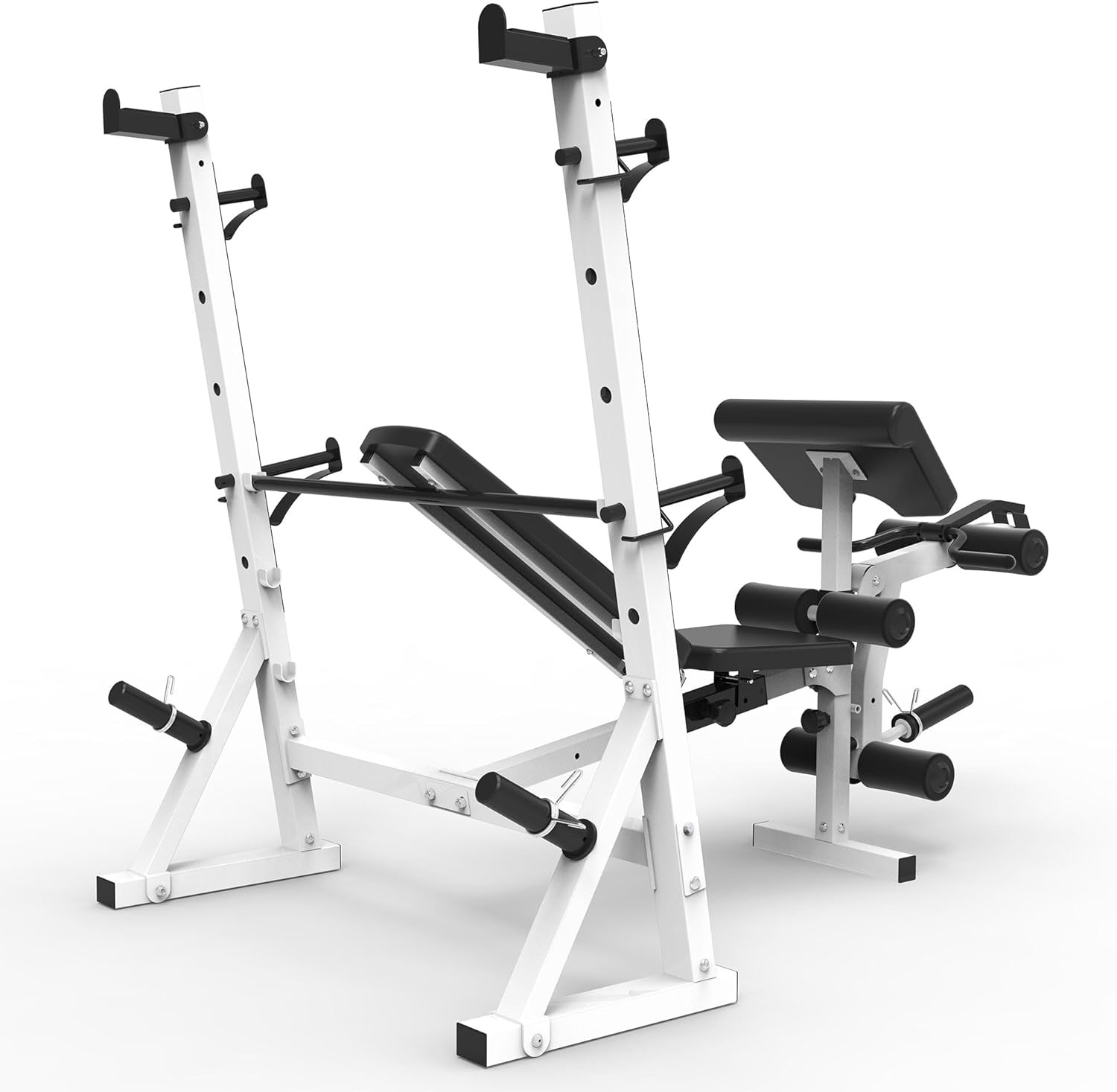 Marcy Olympic Workout Bench for Home Gym Strength Training Equipment with Preacher Curl Pad and Weight Rack Storage, White/Black(Standard B/W)