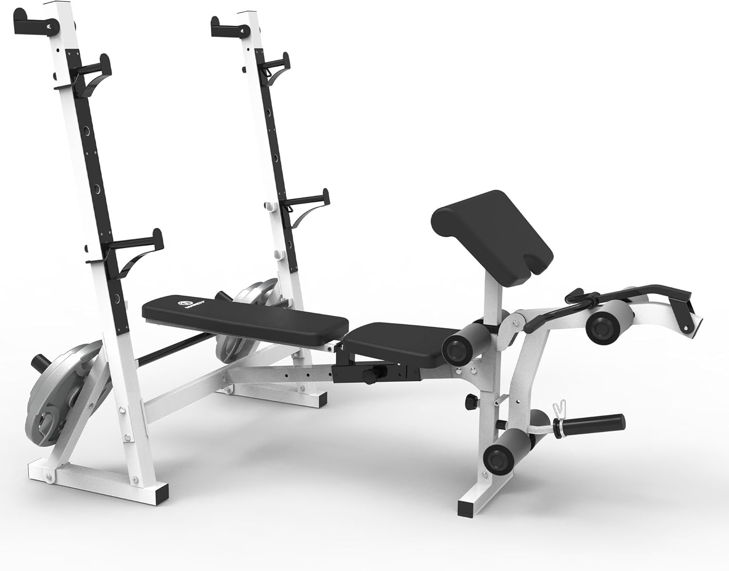 Marcy Olympic Workout Bench for Home Gym Strength Training Equipment with Preacher Curl Pad and Weight Rack Storage, White/Black(Standard B/W)